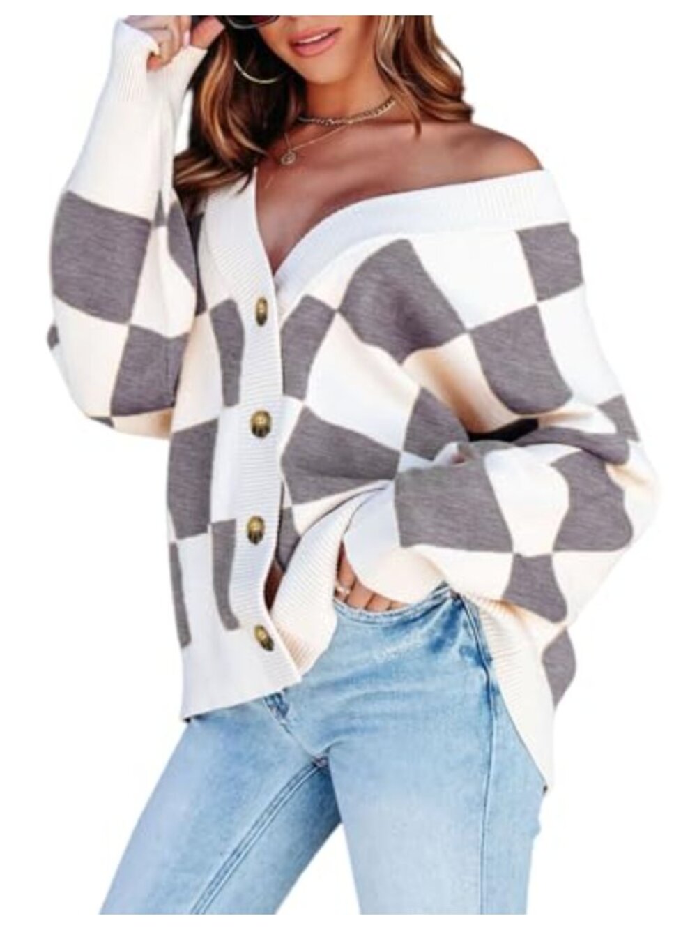 Oversized Plaid Cable Knit V Neck Button Down Cardigan Sweater